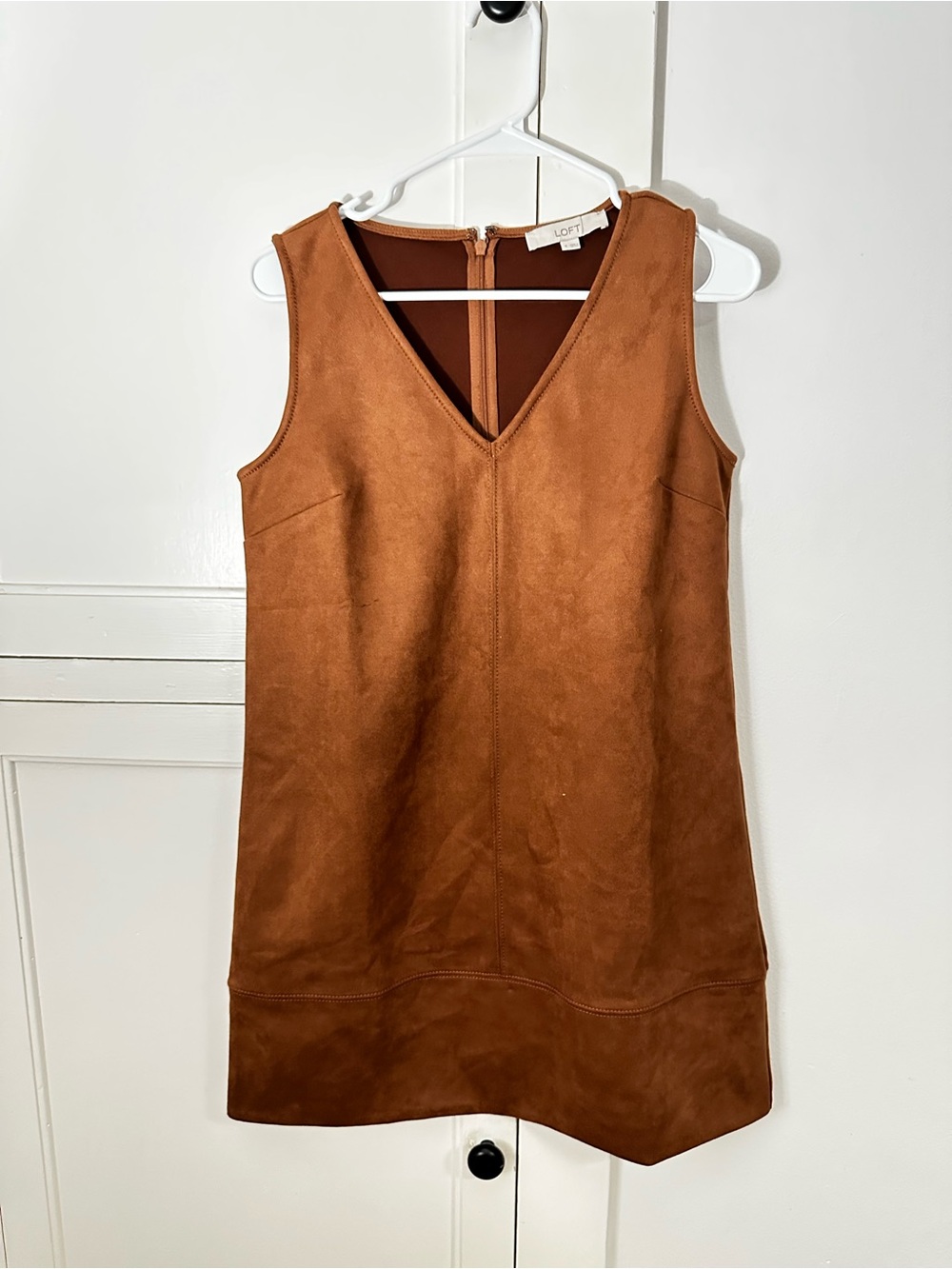 LOFT Rust-Brown Faux-Suede V-Neck Dress - Picture 2 of 4